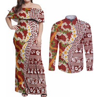 Hawaiian Plumeria Lei Couples Matching Off Shoulder Maxi Dress and Long Sleeve Button Shirt Kakau Motifs and Palaka Half Style Red Color LT03 Red - Polynesian Pride