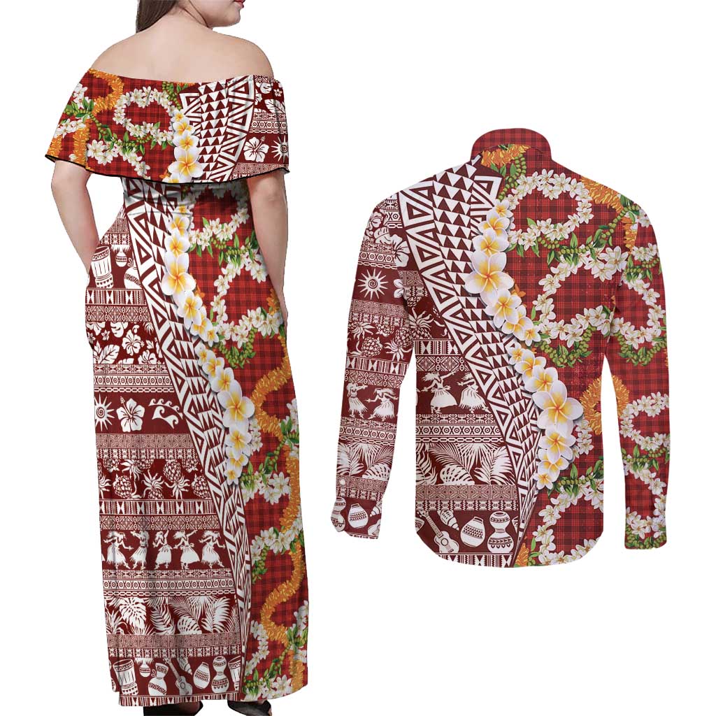 Hawaiian Plumeria Lei Couples Matching Off Shoulder Maxi Dress and Long Sleeve Button Shirt Kakau Motifs and Palaka Half Style Red Color LT03 - Polynesian Pride
