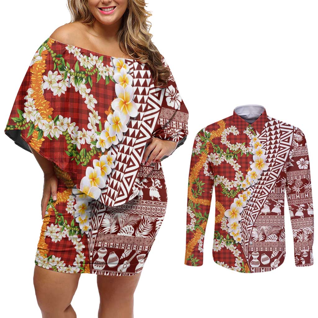 Hawaiian Plumeria Lei Couples Matching Off Shoulder Short Dress and Long Sleeve Button Shirt Kakau Motifs and Palaka Half Style Red Color LT03 Red - Polynesian Pride