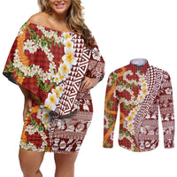 Hawaiian Plumeria Lei Couples Matching Off Shoulder Short Dress and Long Sleeve Button Shirt Kakau Motifs and Palaka Half Style Red Color LT03 Red - Polynesian Pride