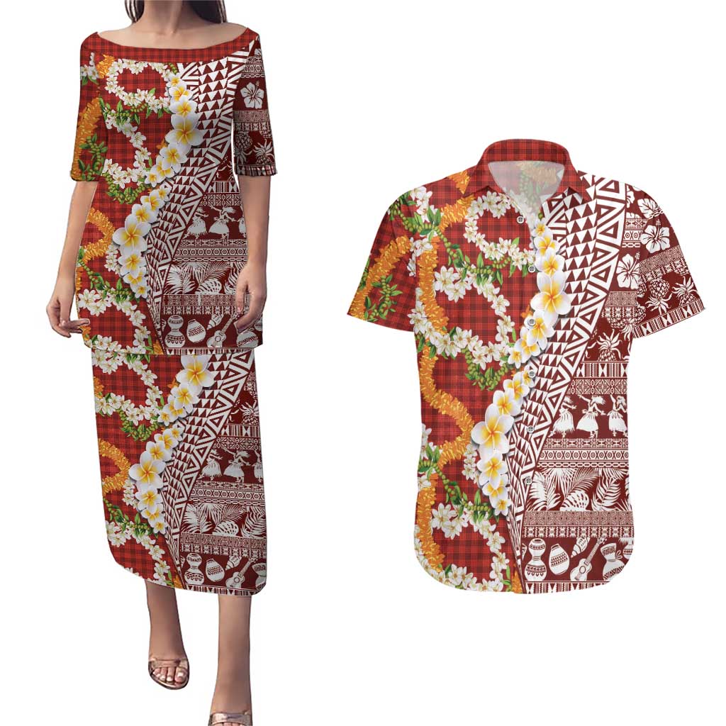 Hawaiian Plumeria Lei Couples Matching Puletasi and Hawaiian Shirt Kakau Motifs and Palaka Half Style Red Color - Polynesian Pride