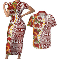 Hawaiian Plumeria Lei Couples Matching Short Sleeve Bodycon Dress and Hawaiian Shirt Kakau Motifs and Palaka Half Style Red Color LT03 Red - Polynesian Pride