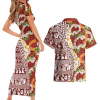 Hawaiian Plumeria Lei Couples Matching Short Sleeve Bodycon Dress and Hawaiian Shirt Kakau Motifs and Palaka Half Style Red Color LT03 - Polynesian Pride