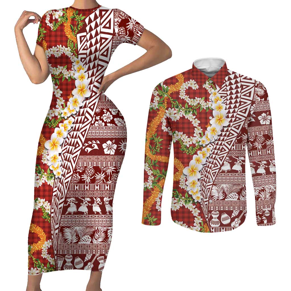 Hawaiian Plumeria Lei Couples Matching Short Sleeve Bodycon Dress and Long Sleeve Button Shirt Kakau Motifs and Palaka Half Style Red Color LT03 Red - Polynesian Pride