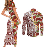 Hawaiian Plumeria Lei Couples Matching Short Sleeve Bodycon Dress and Long Sleeve Button Shirt Kakau Motifs and Palaka Half Style Red Color LT03 - Polynesian Pride