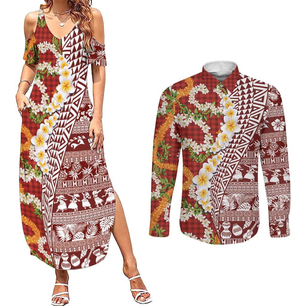 Hawaiian Plumeria Lei Couples Matching Summer Maxi Dress and Long Sleeve Button Shirt Kakau Motifs and Palaka Half Style Red Color - Polynesian Pride