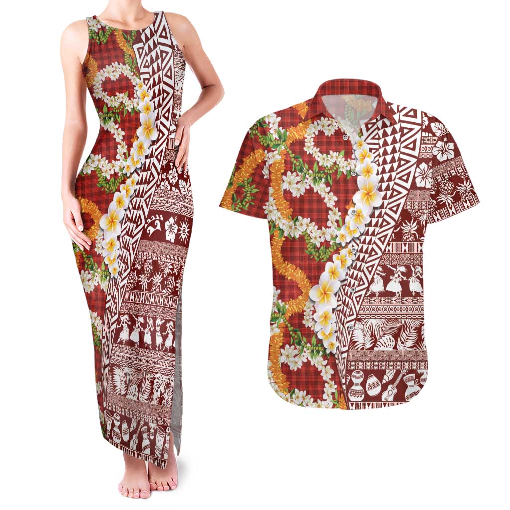 Hawaiian Plumeria Lei Couples Matching Tank Maxi Dress and Hawaiian Shirt Kakau Motifs and Palaka Half Style Red Color - Polynesian Pride