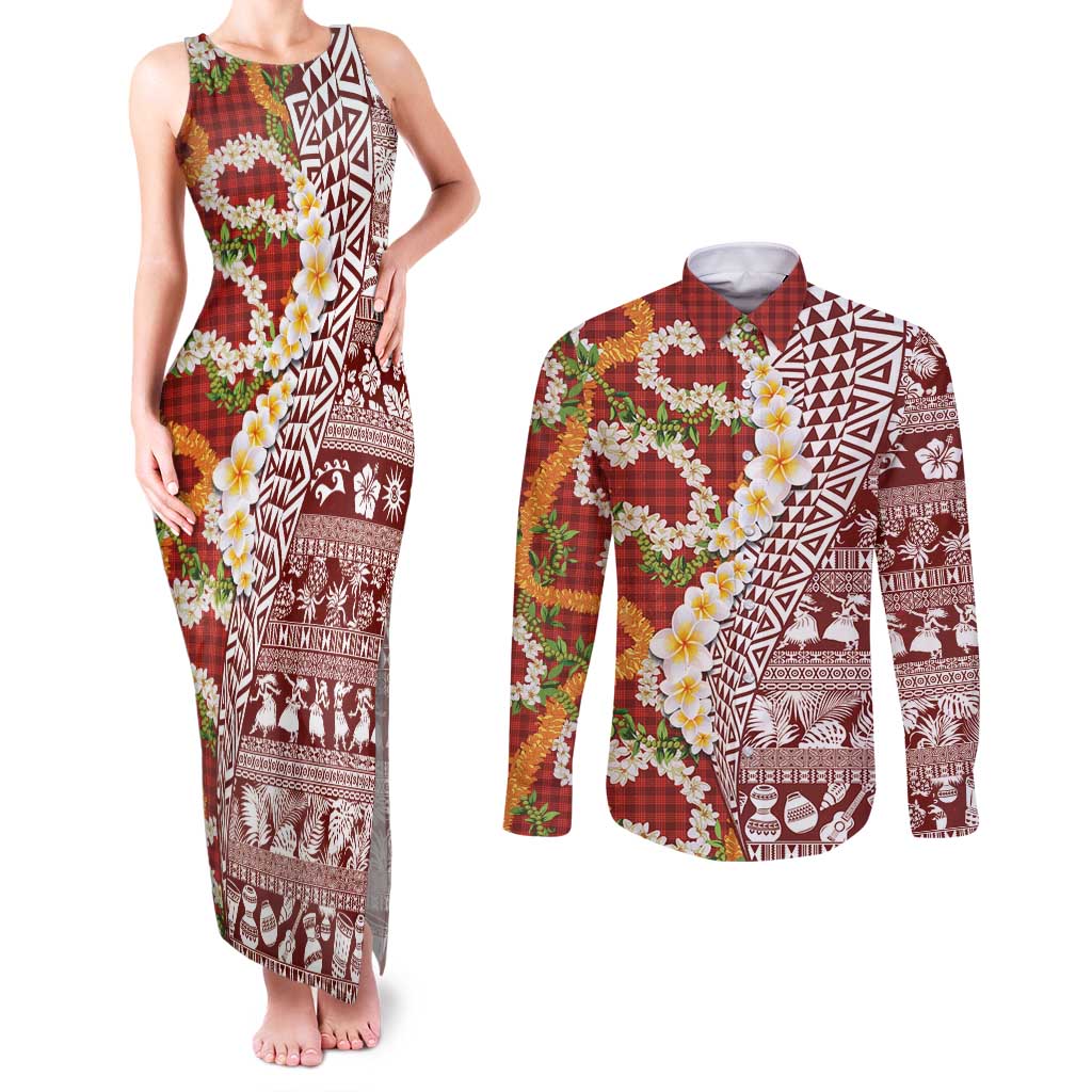 Hawaiian Plumeria Lei Couples Matching Tank Maxi Dress and Long Sleeve Button Shirt Kakau Motifs and Palaka Half Style Red Color LT03 Red - Polynesian Pride