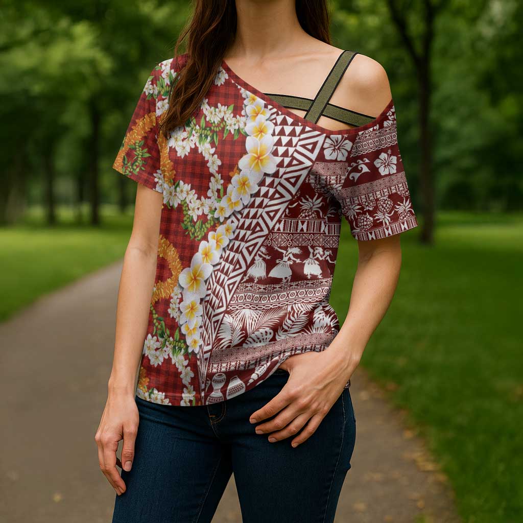 Hawaiian Plumeria Lei Cross Shoulder Shirt Kakau Motifs and Palaka Half Style Red Color - Polynesian Pride
