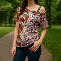 Hawaiian Plumeria Lei Cross Shoulder Shirt Kakau Motifs and Palaka Half Style Red Color - Polynesian Pride