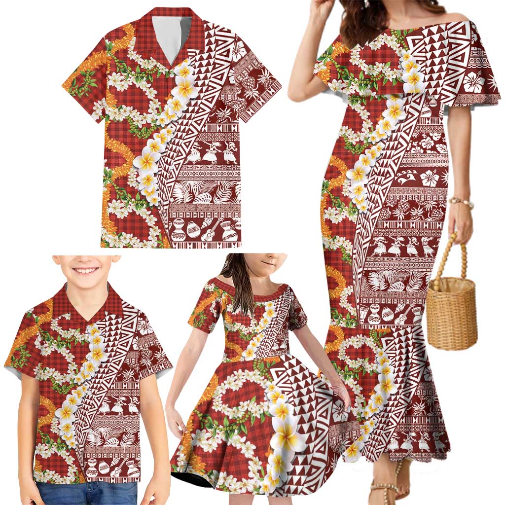 Hawaiian Plumeria Lei Family Matching Mermaid Dress and Hawaiian Shirt Kakau Motifs and Palaka Half Style Red Color LT03 - Polynesian Pride