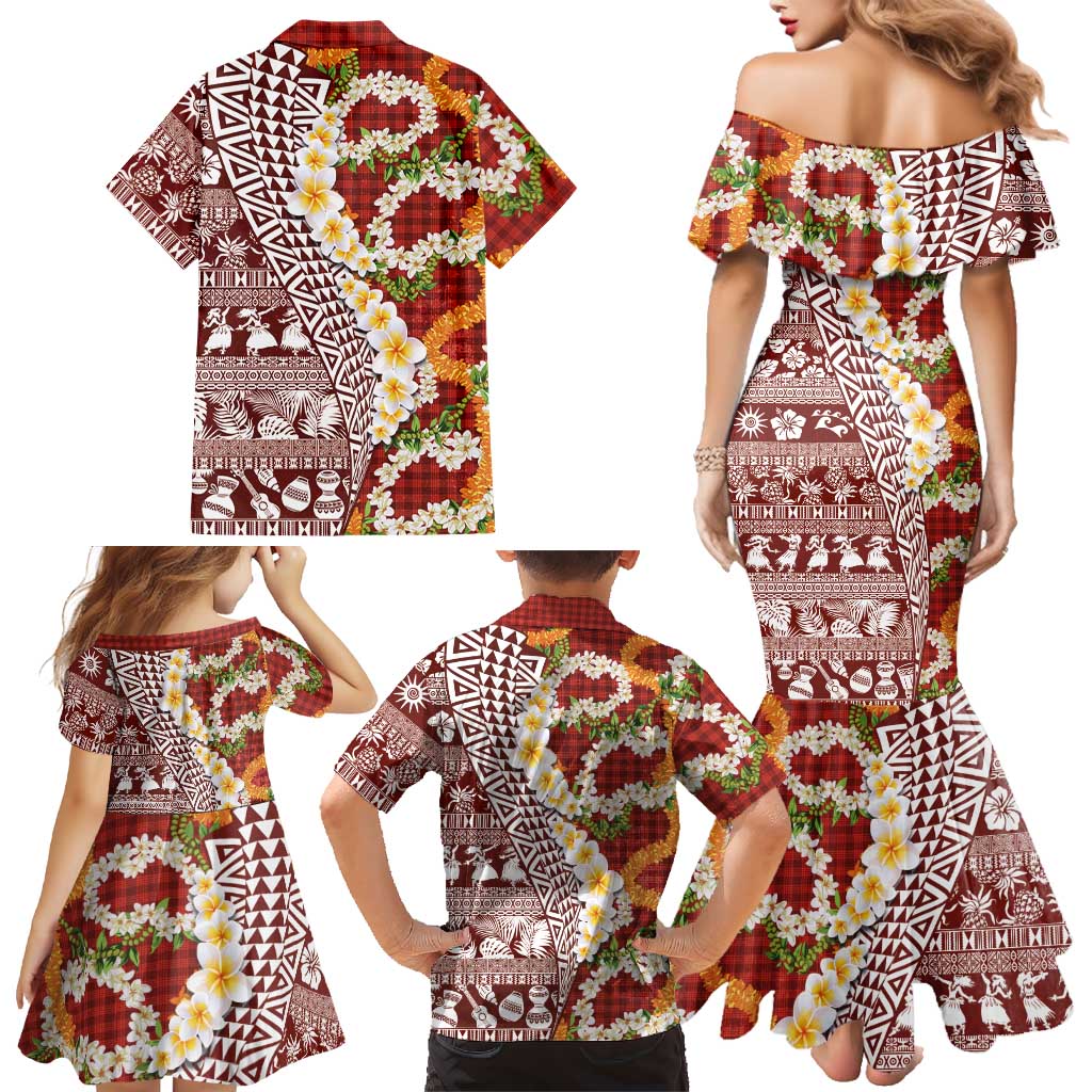 Hawaiian Plumeria Lei Family Matching Mermaid Dress and Hawaiian Shirt Kakau Motifs and Palaka Half Style Red Color LT03 - Polynesian Pride