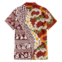 Hawaiian Plumeria Lei Family Matching Mermaid Dress and Hawaiian Shirt Kakau Motifs and Palaka Half Style Red Color LT03 - Polynesian Pride