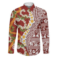 Hawaiian Plumeria Lei Family Matching Mermaid Dress and Hawaiian Shirt Kakau Motifs and Palaka Half Style Red Color LT03 Dad's Shirt - Long Sleeve Red - Polynesian Pride