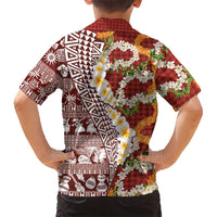 Hawaiian Plumeria Lei Family Matching Off The Shoulder Long Sleeve Dress and Hawaiian Shirt Kakau Motifs and Palaka Half Style Red Color LT03 - Polynesian Pride