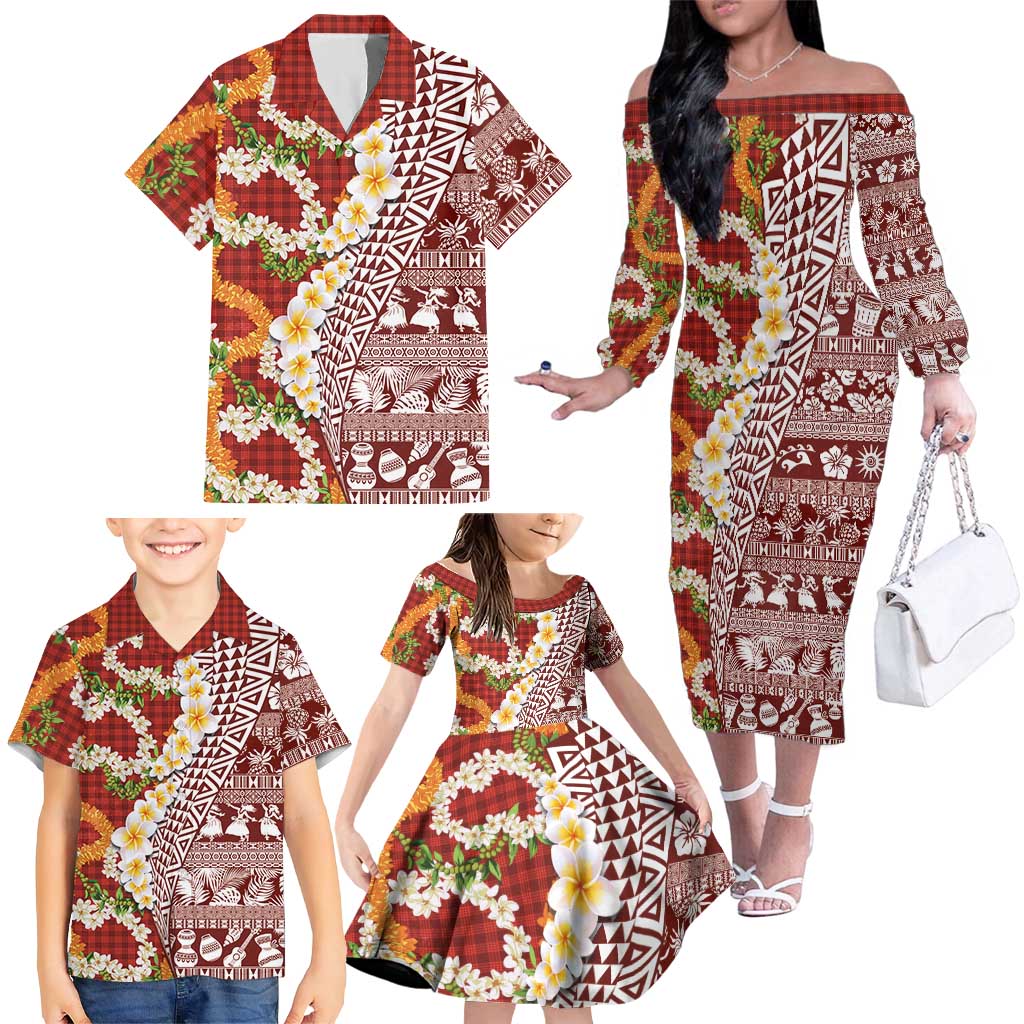 Hawaiian Plumeria Lei Family Matching Off The Shoulder Long Sleeve Dress and Hawaiian Shirt Kakau Motifs and Palaka Half Style Red Color - Polynesian Pride
