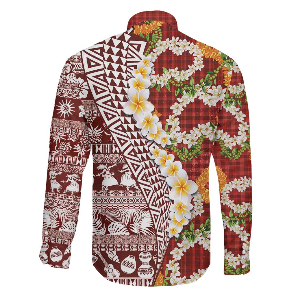 Hawaiian Plumeria Lei Family Matching Off The Shoulder Long Sleeve Dress and Hawaiian Shirt Kakau Motifs and Palaka Half Style Red Color LT03 - Polynesian Pride