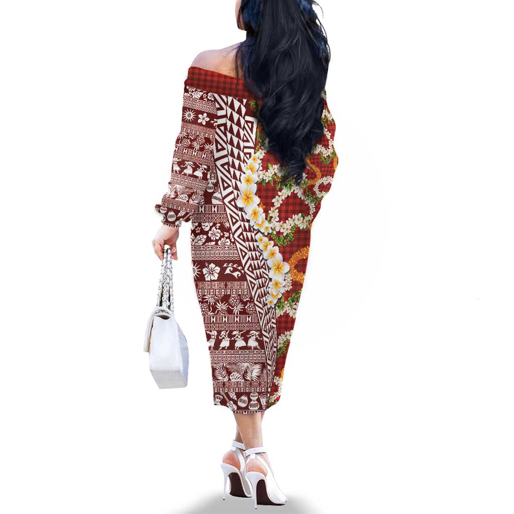 Hawaiian Plumeria Lei Family Matching Off The Shoulder Long Sleeve Dress and Hawaiian Shirt Kakau Motifs and Palaka Half Style Red Color LT03 - Polynesian Pride