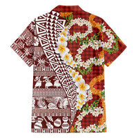 Hawaiian Plumeria Lei Family Matching Off Shoulder Maxi Dress and Hawaiian Shirt Kakau Motifs and Palaka Half Style Red Color LT03 - Polynesian Pride