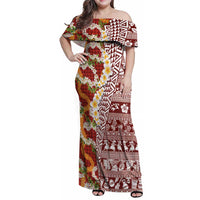 Hawaiian Plumeria Lei Family Matching Off Shoulder Maxi Dress and Hawaiian Shirt Kakau Motifs and Palaka Half Style Red Color LT03 Mom's Dress Red - Polynesian Pride