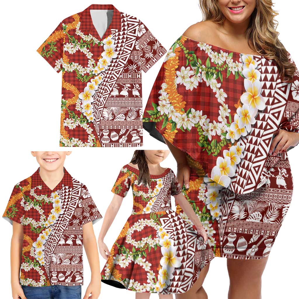 Hawaiian Plumeria Lei Family Matching Off Shoulder Short Dress and Hawaiian Shirt Kakau Motifs and Palaka Half Style Red Color - Polynesian Pride