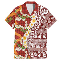 Hawaiian Plumeria Lei Family Matching Off Shoulder Short Dress and Hawaiian Shirt Kakau Motifs and Palaka Half Style Red Color LT03 Dad's Shirt - Short Sleeve Red - Polynesian Pride