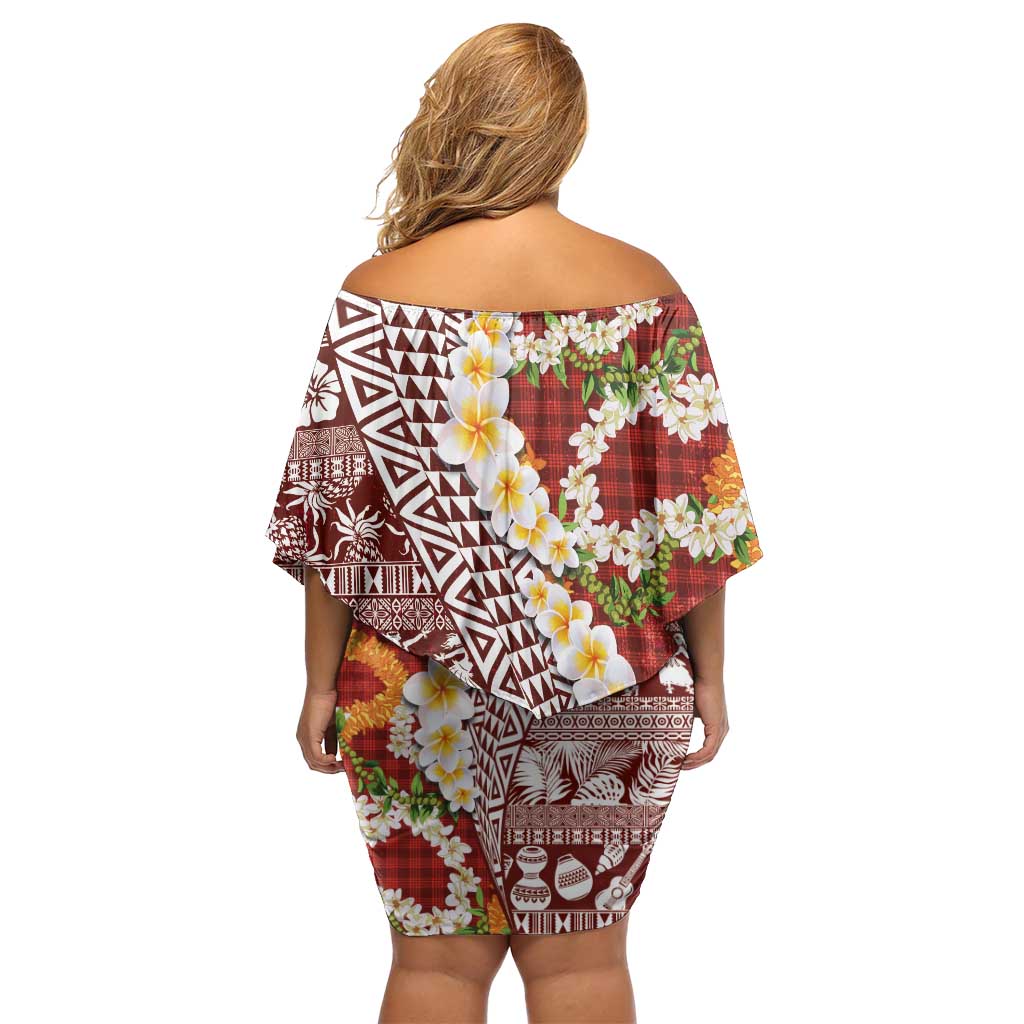 Hawaiian Plumeria Lei Family Matching Off Shoulder Short Dress and Hawaiian Shirt Kakau Motifs and Palaka Half Style Red Color LT03 - Polynesian Pride