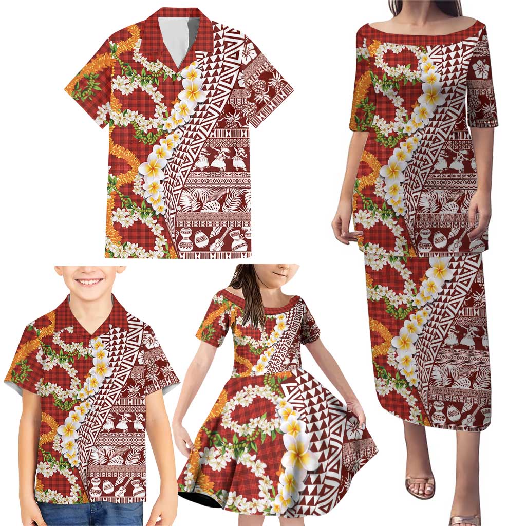 Hawaiian Plumeria Lei Family Matching Puletasi and Hawaiian Shirt Kakau Motifs and Palaka Half Style Red Color LT03 - Polynesian Pride