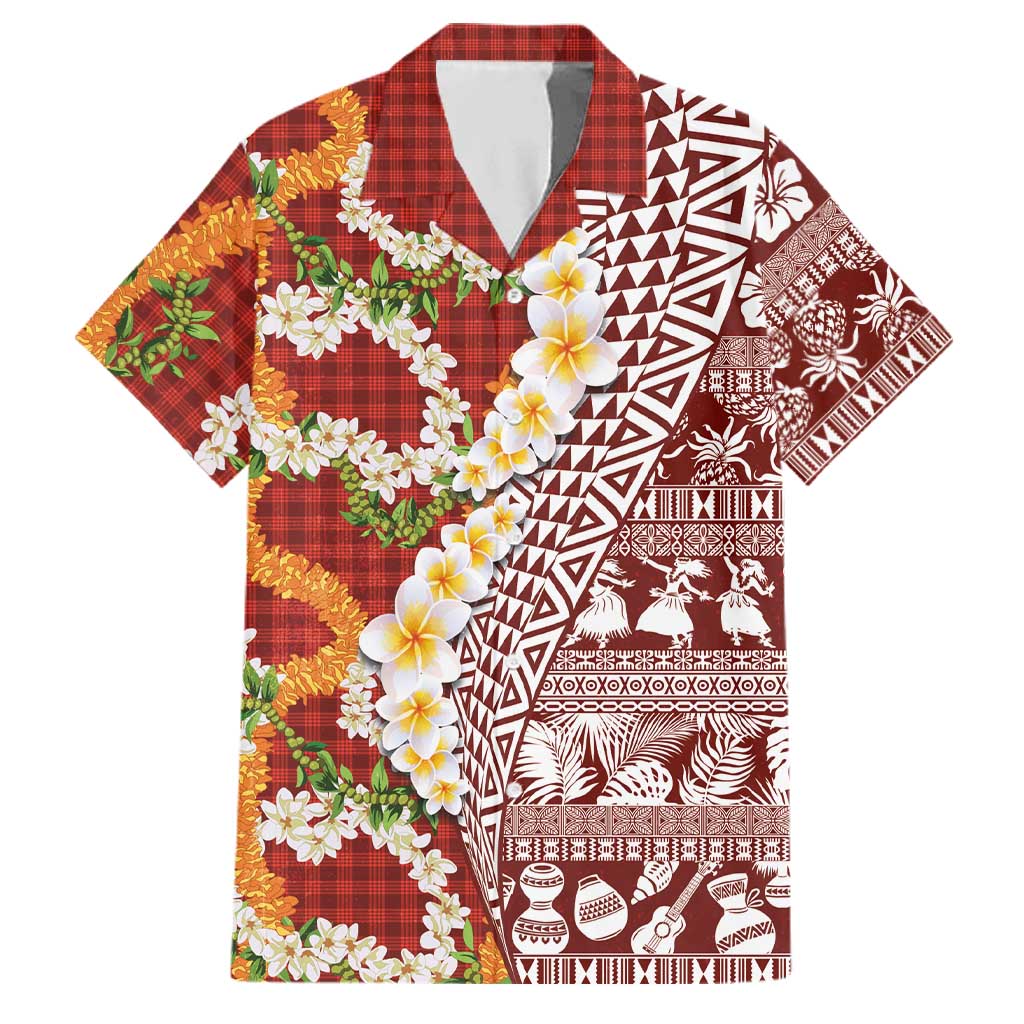 Hawaiian Plumeria Lei Family Matching Puletasi and Hawaiian Shirt Kakau Motifs and Palaka Half Style Red Color LT03 Dad's Shirt - Short Sleeve Red - Polynesian Pride