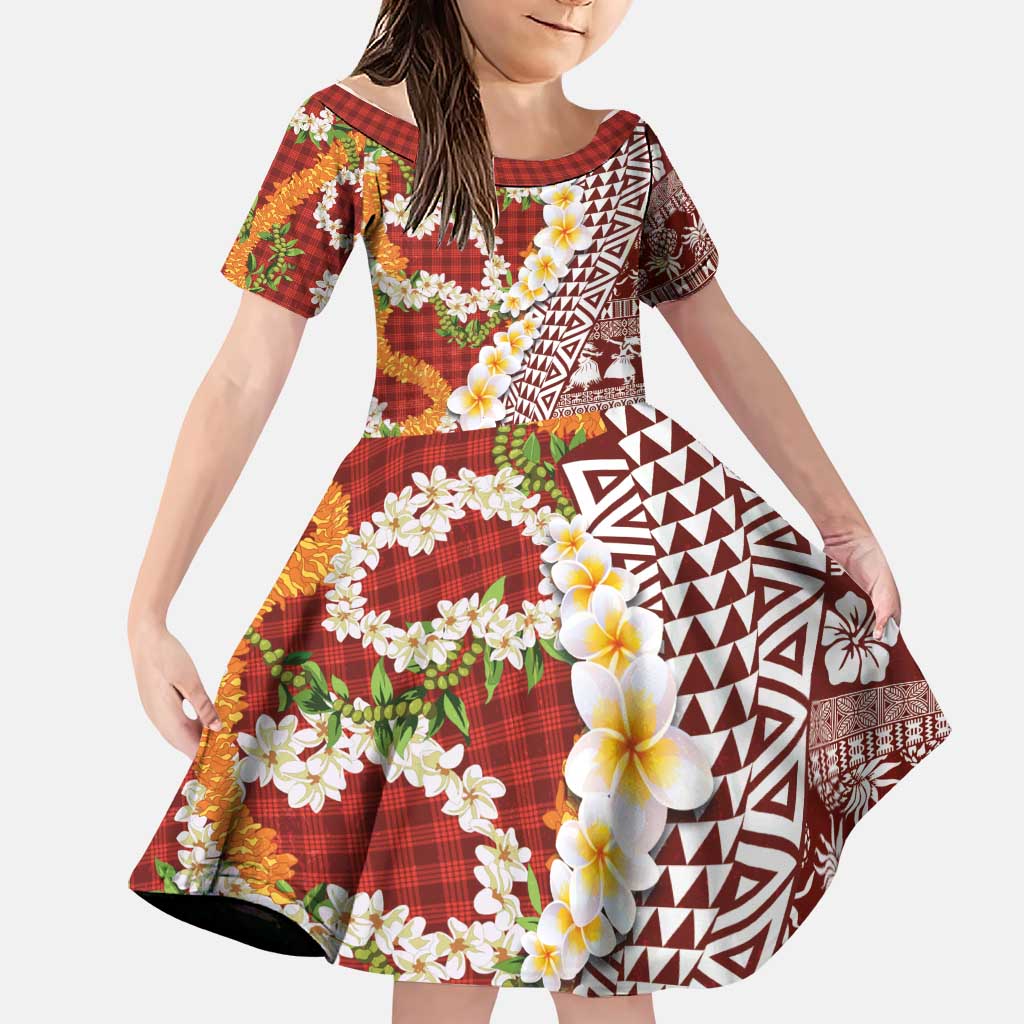 Hawaiian Plumeria Lei Family Matching Summer Maxi Dress and Hawaiian Shirt Kakau Motifs and Palaka Half Style Red Color LT03 Daughter's Dress Red - Polynesian Pride