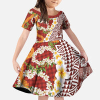 Hawaiian Plumeria Lei Family Matching Summer Maxi Dress and Hawaiian Shirt Kakau Motifs and Palaka Half Style Red Color LT03 Daughter's Dress Red - Polynesian Pride
