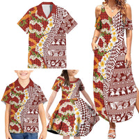 Hawaiian Plumeria Lei Family Matching Summer Maxi Dress and Hawaiian Shirt Kakau Motifs and Palaka Half Style Red Color LT03 - Polynesian Pride