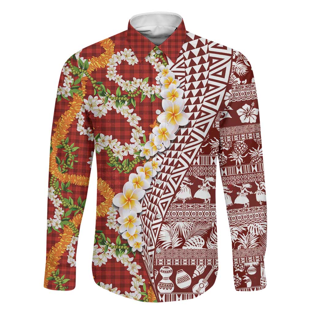 Hawaiian Plumeria Lei Family Matching Summer Maxi Dress and Hawaiian Shirt Kakau Motifs and Palaka Half Style Red Color LT03 Dad's Shirt - Long Sleeve Red - Polynesian Pride