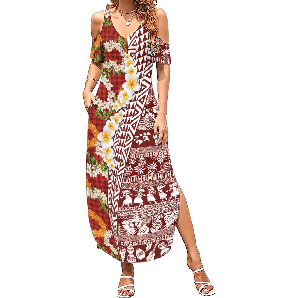 Hawaiian Plumeria Lei Family Matching Summer Maxi Dress and Hawaiian Shirt Kakau Motifs and Palaka Half Style Red Color LT03 Mom's Dress Red - Polynesian Pride