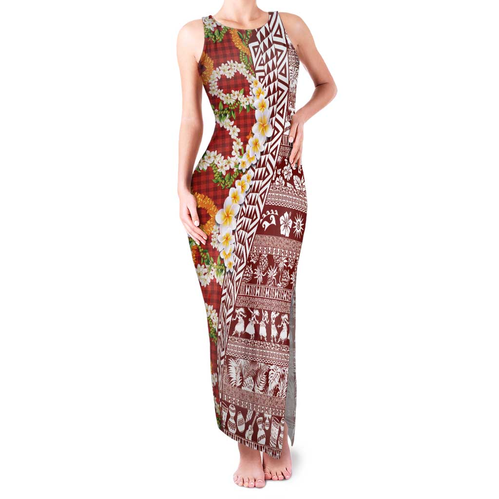 Hawaiian Plumeria Lei Family Matching Tank Maxi Dress and Hawaiian Shirt Kakau Motifs and Palaka Half Style Red Color LT03 Mom's Dress Red - Polynesian Pride