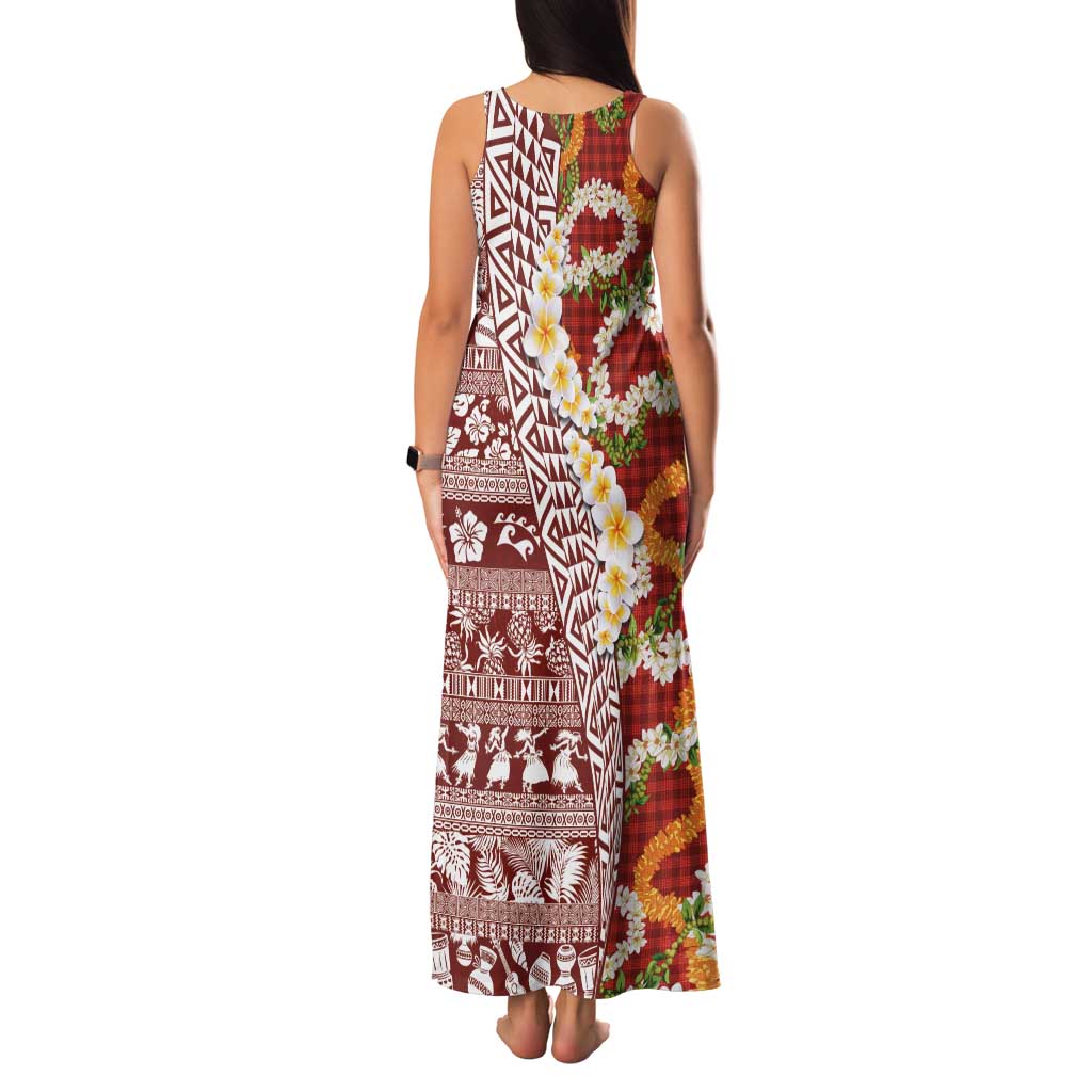 Hawaiian Plumeria Lei Family Matching Tank Maxi Dress and Hawaiian Shirt Kakau Motifs and Palaka Half Style Red Color LT03 - Polynesian Pride