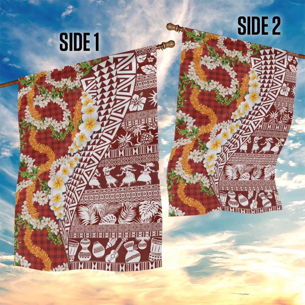 Hawaiian Plumeria Lei Garden Flag Kakau Motifs and Palaka Half Style Red Color - Polynesian Pride