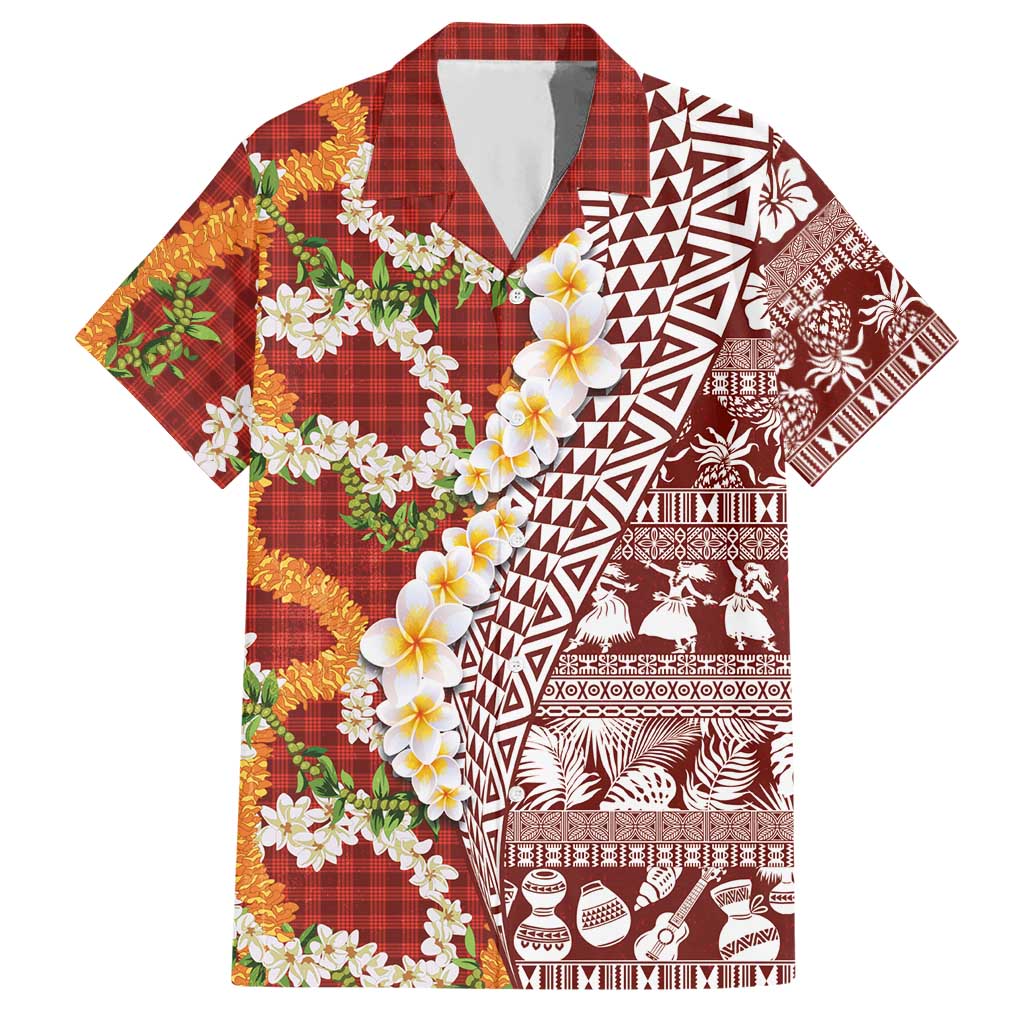 Hawaiian Plumeria Lei Hawaiian Shirt Kakau Motifs and Palaka Half Style Red Color - Polynesian Pride