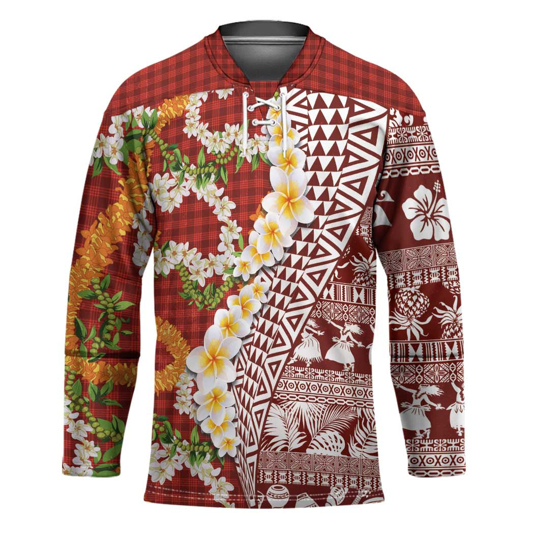 Hawaiian Plumeria Lei Hockey Jersey Kakau Motifs and Palaka Half Style Red Color - Polynesian Pride