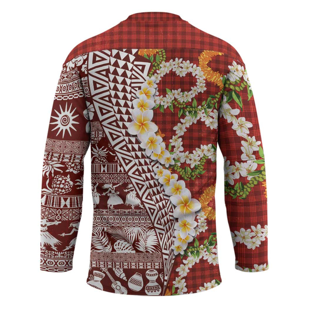 Hawaiian Plumeria Lei Hockey Jersey Kakau Motifs and Palaka Half Style Red Color - Polynesian Pride
