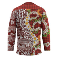 Hawaiian Plumeria Lei Hockey Jersey Kakau Motifs and Palaka Half Style Red Color - Polynesian Pride