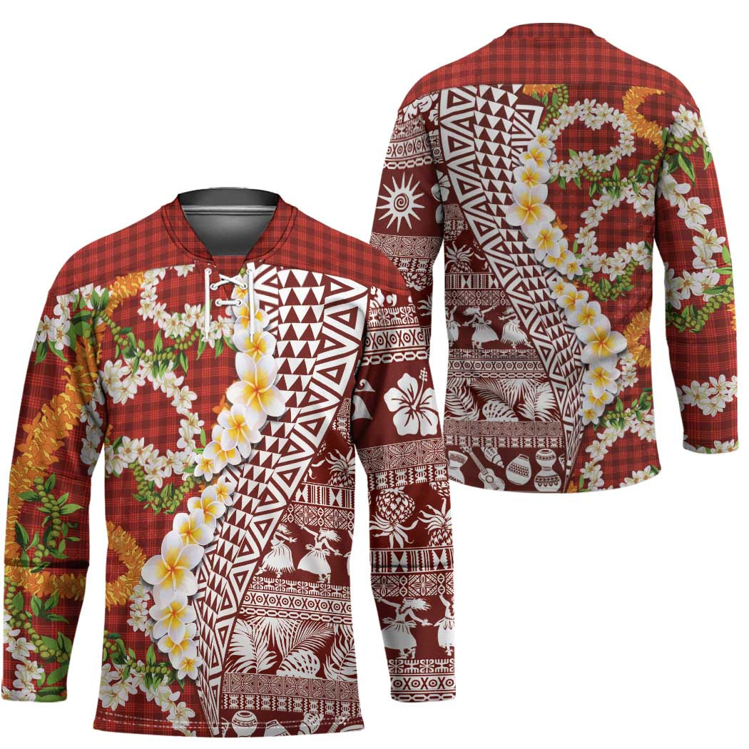 Hawaiian Plumeria Lei Hockey Jersey Kakau Motifs and Palaka Half Style Red Color - Polynesian Pride