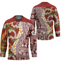 Hawaiian Plumeria Lei Hockey Jersey Kakau Motifs and Palaka Half Style Red Color - Polynesian Pride