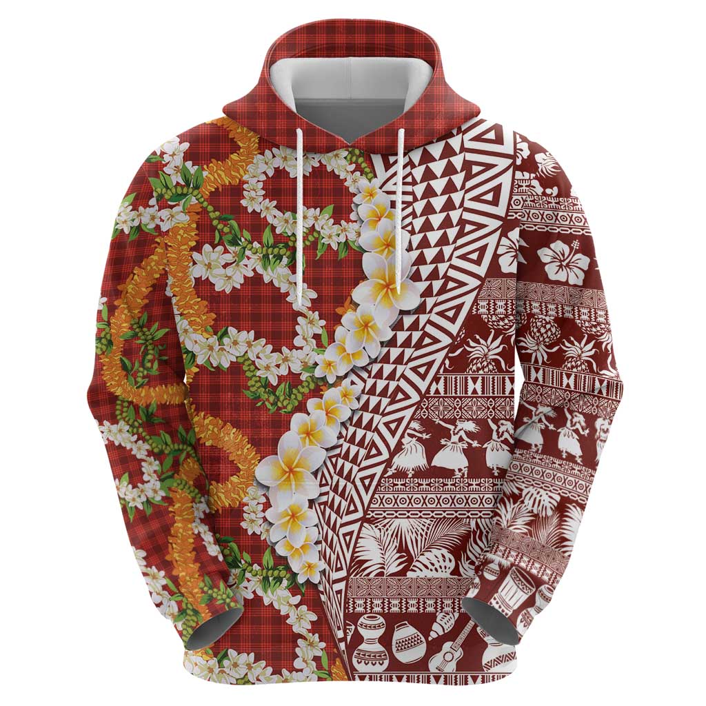 Hawaiian Plumeria Lei Hoodie Kakau Motifs and Palaka Half Style Red Color - Polynesian Pride