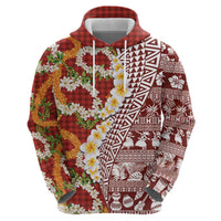 Hawaiian Plumeria Lei Hoodie Kakau Motifs and Palaka Half Style Red Color - Polynesian Pride