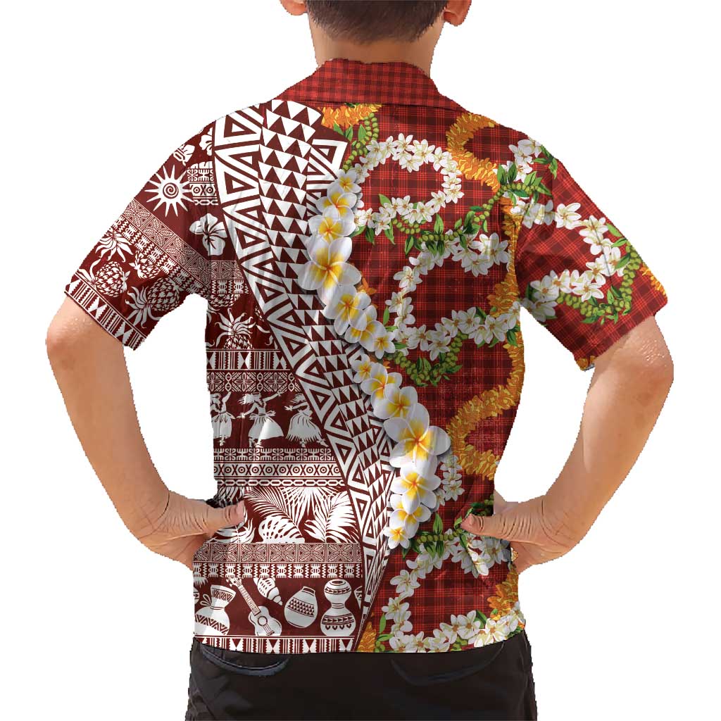 Hawaiian Plumeria Lei Kid Hawaiian Shirt Kakau Motifs and Palaka Half Style Red Color - Polynesian Pride