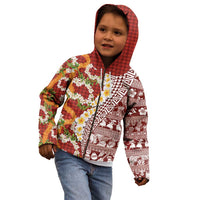 Hawaiian Plumeria Lei Kid Hoodie Kakau Motifs and Palaka Half Style Red Color - Polynesian Pride