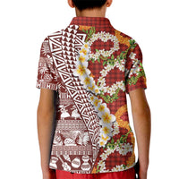 Hawaiian Plumeria Lei Kid Polo Shirt Kakau Motifs and Palaka Half Style Red Color - Polynesian Pride