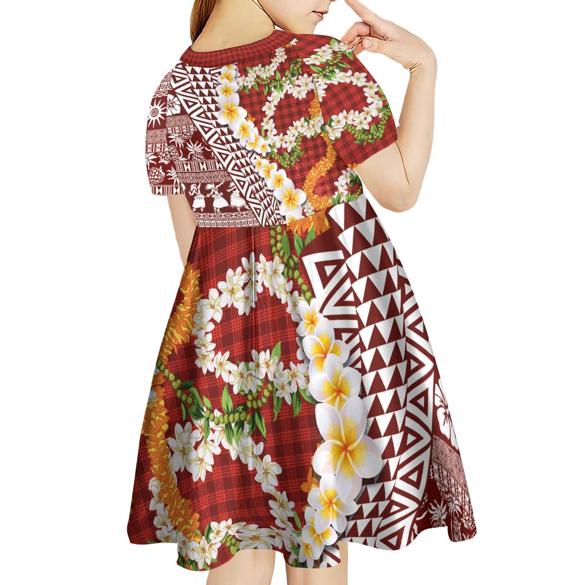 Hawaiian Plumeria Lei Kid Short Sleeve Dress Kakau Motifs and Palaka Half Style Red Color - Polynesian Pride