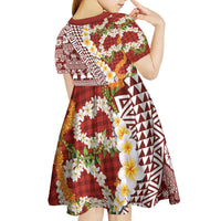 Hawaiian Plumeria Lei Kid Short Sleeve Dress Kakau Motifs and Palaka Half Style Red Color - Polynesian Pride